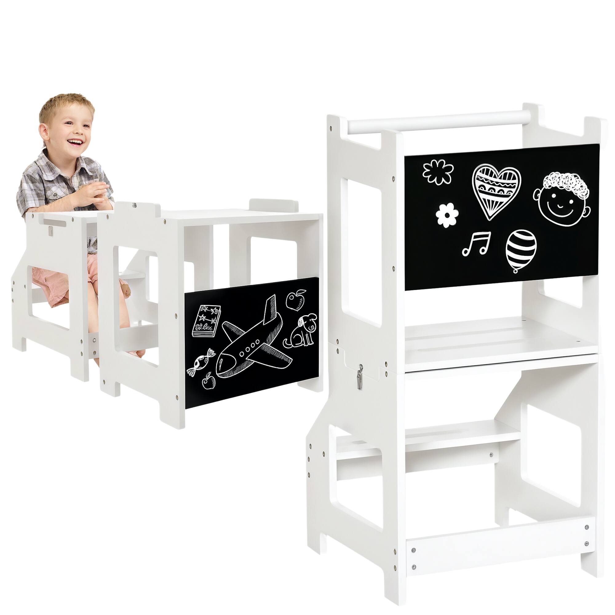 Front. Qaba - Kids Kitchen Step Stool, 2 in 1 Kitchen Table Set Toddler Standing Tower with Chalkboard, Safety Rail for Kitchen - White.