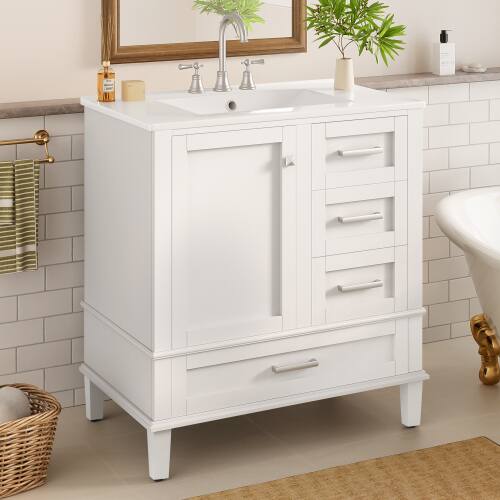 Left. JUJABU - White 30" Bathroom Vanity Cabinet with Ceramic Sink Combo Set - White.