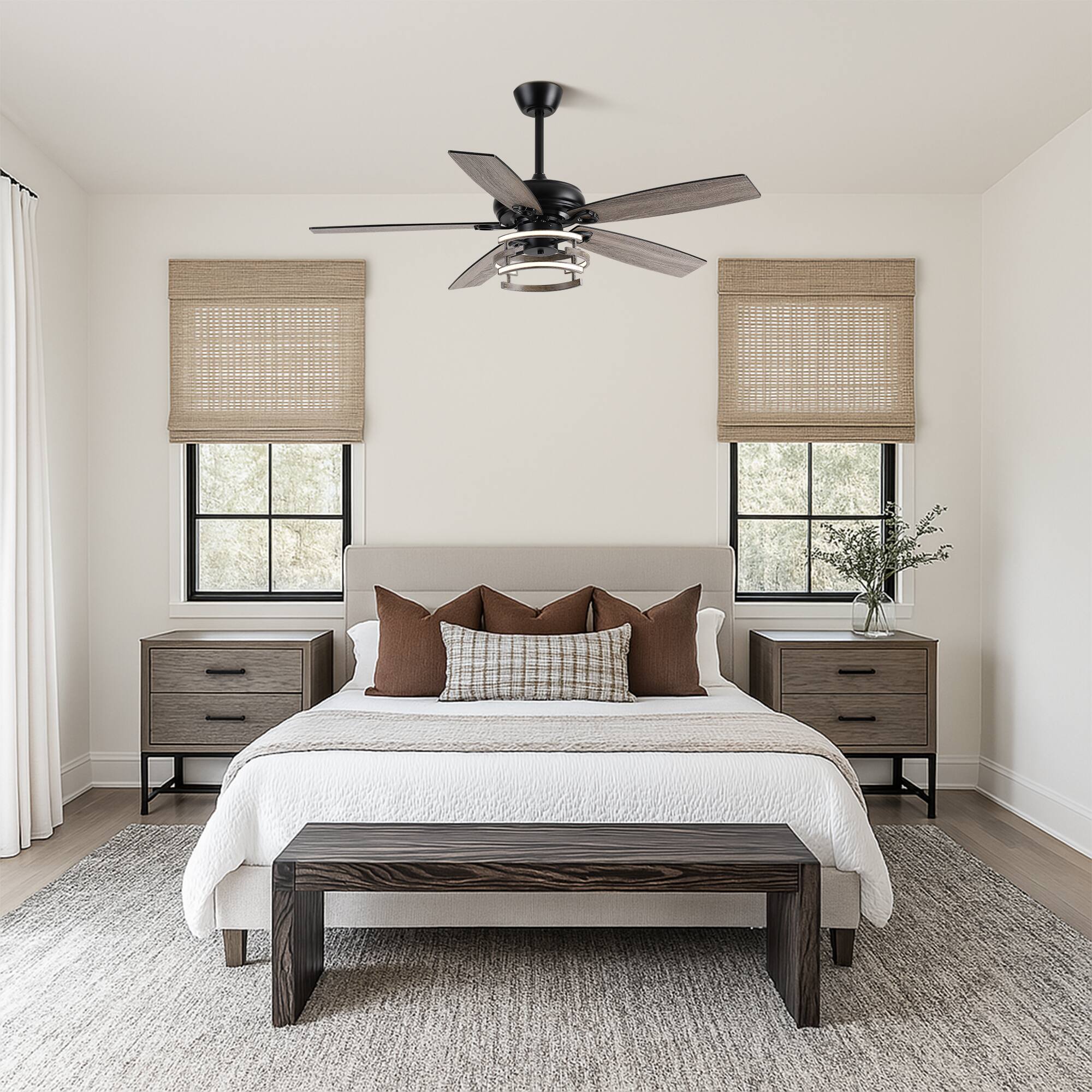 Back. Parrot Uncle - 52" Farmhouse Reversible Blades Dimmable LED Strip Ceiling Fan with Remote and Light - Matte Black.