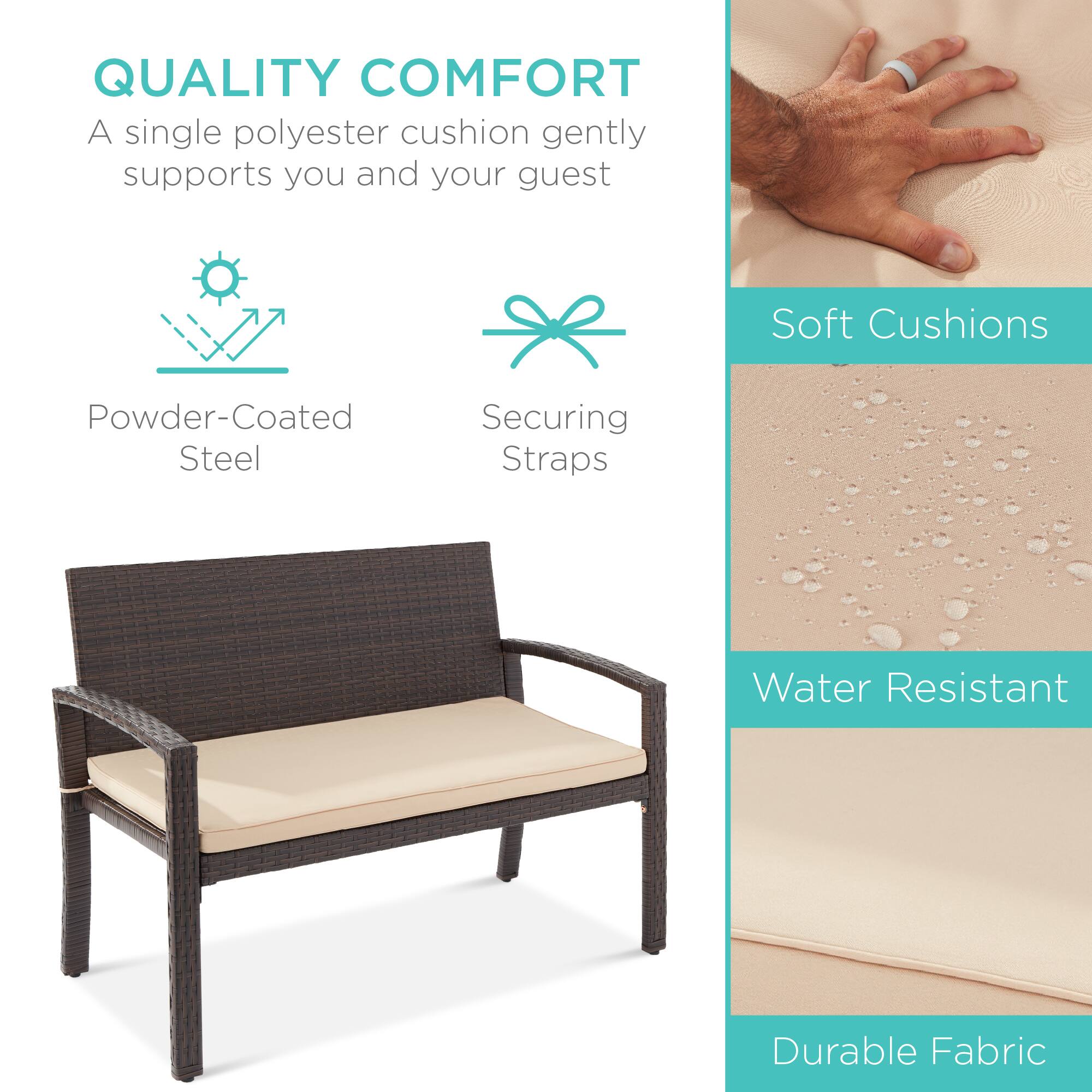 QUALITY COMFORT  
A single polyester cushion gently supports you and your guest  

Powder-Coated Steel  
Securing Straps  

Soft Cushions  
Water Resistant  
Durable Fabric