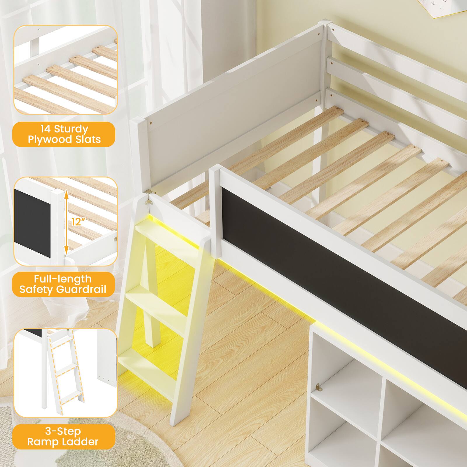 - 14 Sturdy Plywood Slats
- 12" Full-length Safety Guardrail
- 3-Step Ramp Ladder