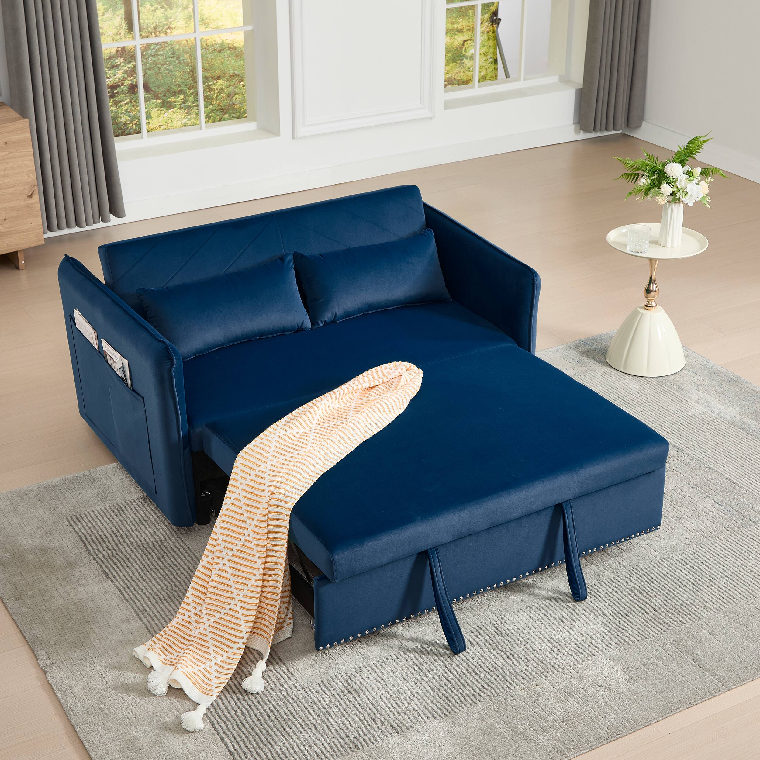 Alt View 2. Tiramisubest - 3 in 1 Convertible Sleeper Futon Sofa Bed,55" Velvet Loveseat with 2 Pillows,Reclining Backrest & Side Pockets,Blue - Blue.