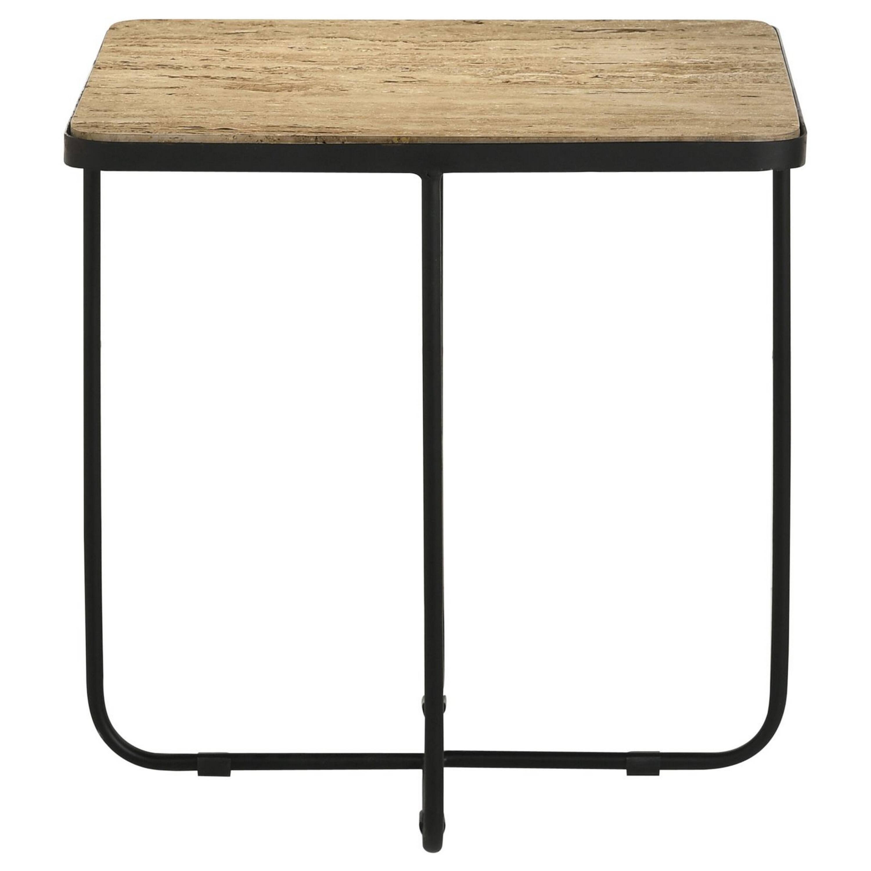 Left. Manhattan Lane - 24 Inch Square Accent Side End Table, Iron, Travertine Marble Top - Natural, Black.