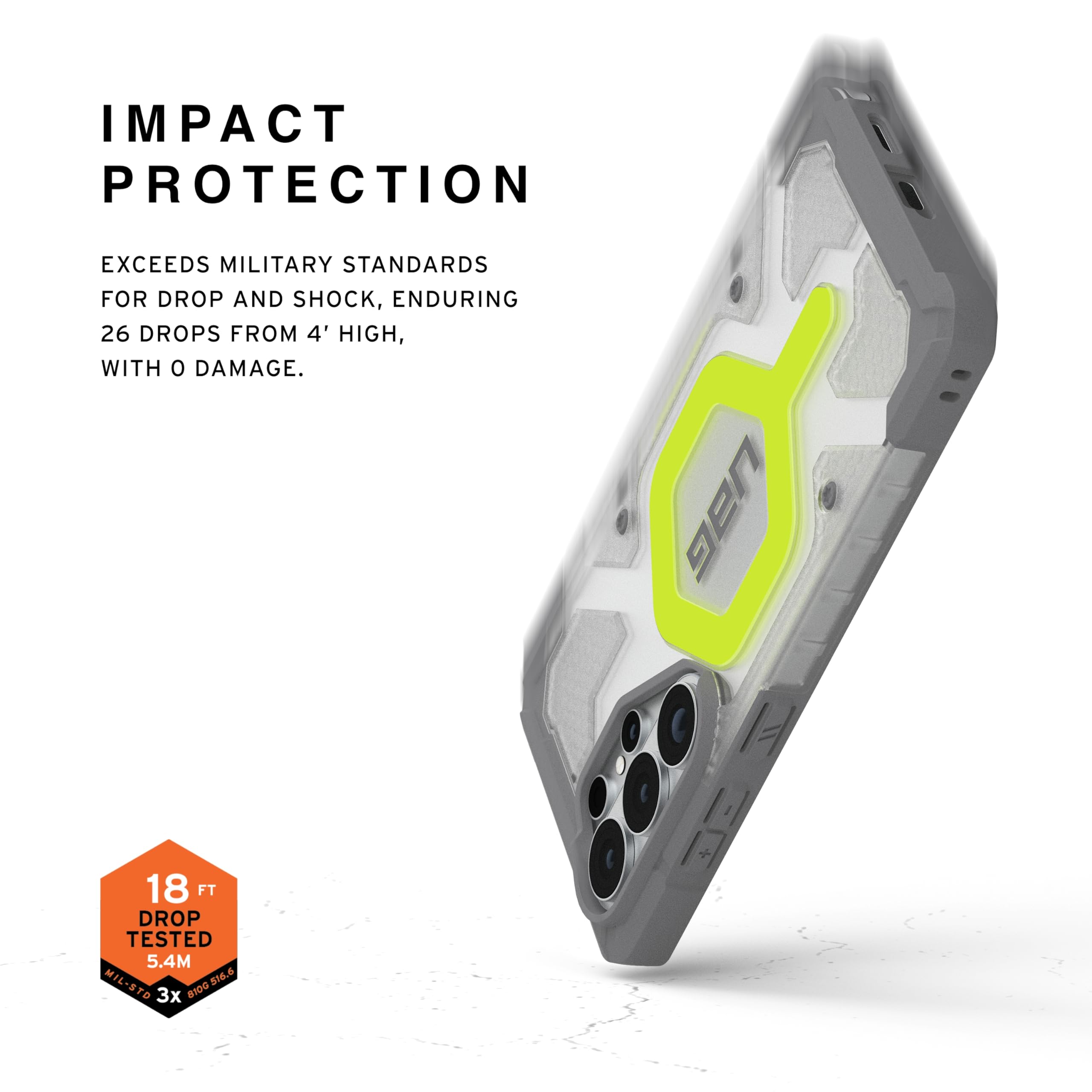 IMPACT PROTECTION

EXCEEDS MILITARY STANDARDS FOR DROP AND SHOCK, ENDURING 26 DROPS FROM 4' HIGH, WITH 0 DAMAGE.

UAG 18 FT DROP TESTED 5.4M MIL-STD 8100.516.6 216.5 3x B1D0