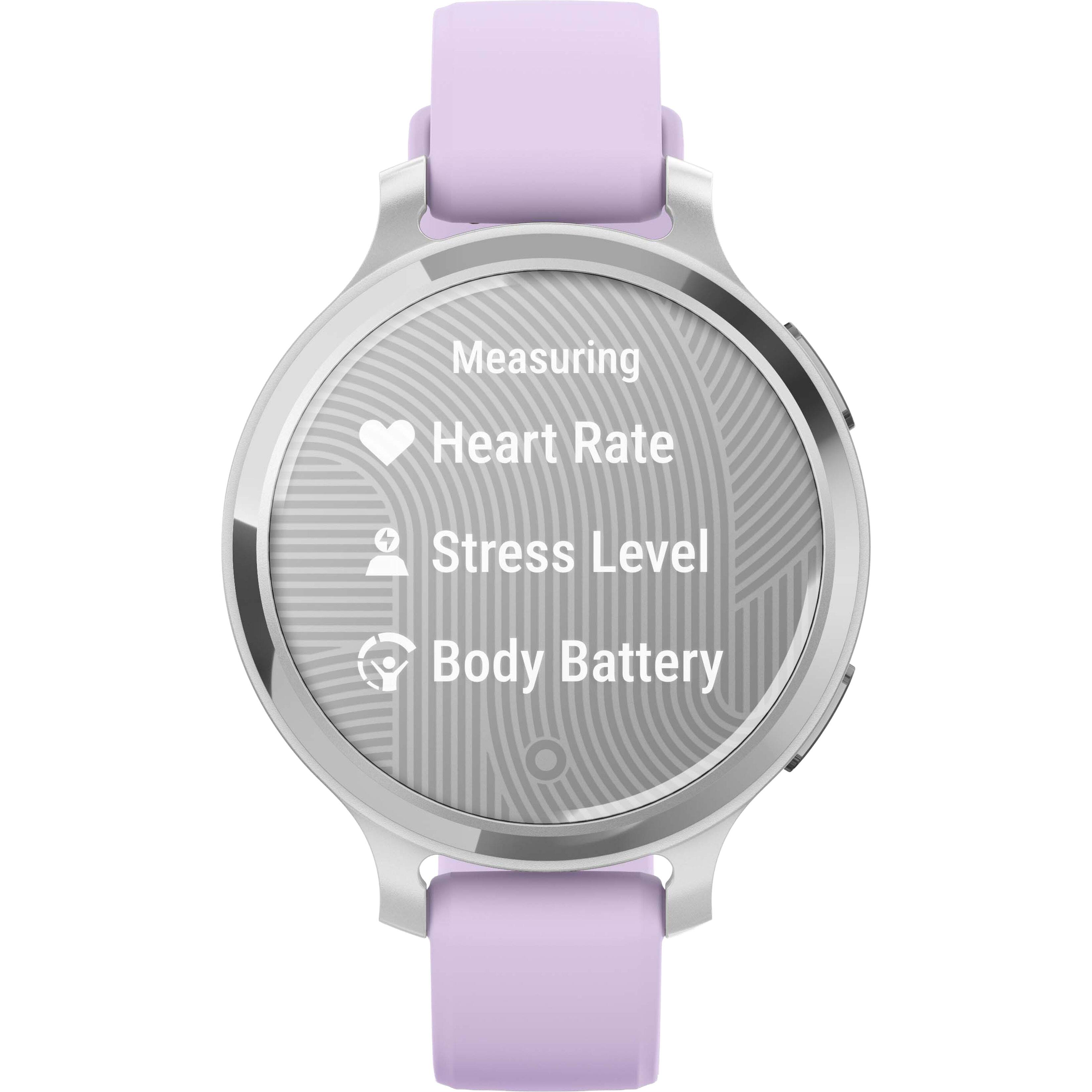 The text on the image is grouped and corrected as follows:
Measuring Heart Rate, Stress Level, Body Battery.