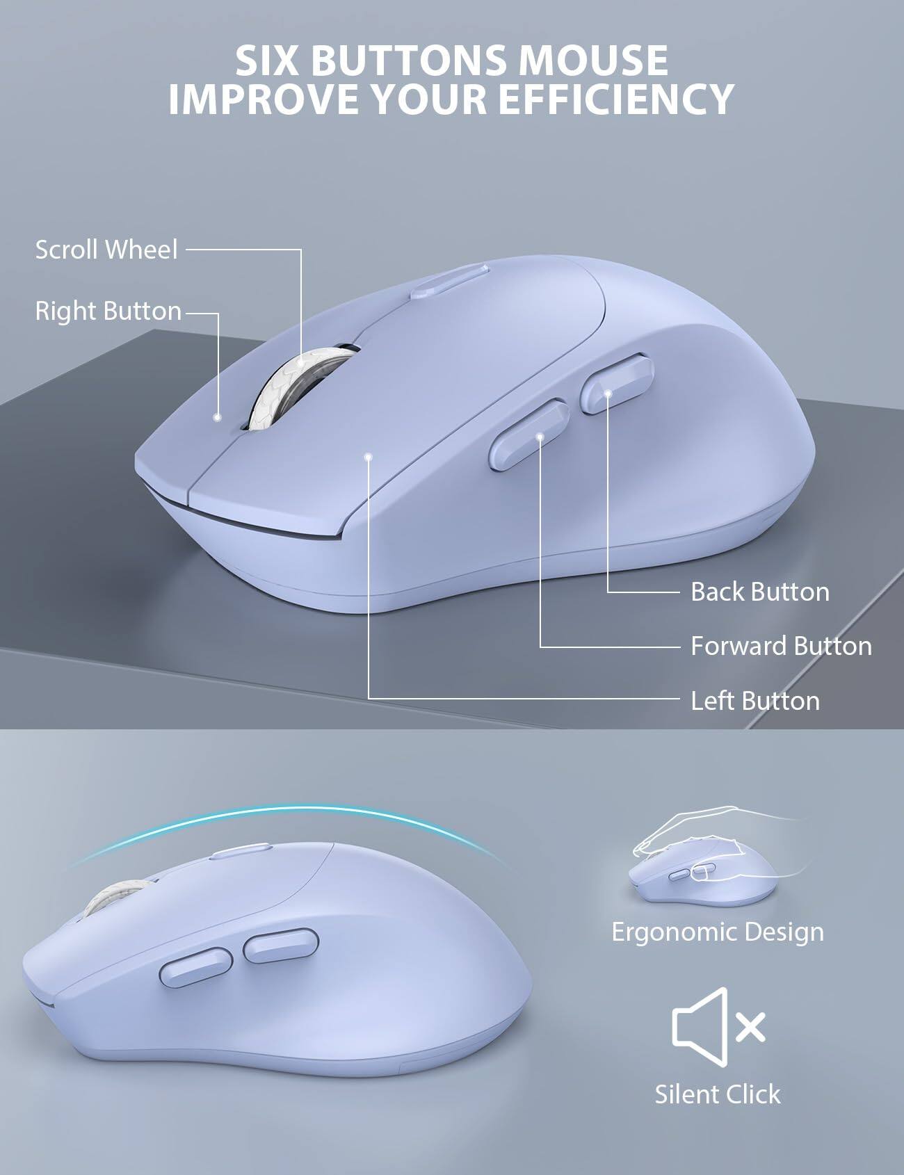 SIX BUTTONS MOUSE IMPROVE YOUR EFFICIENCY

- Scroll Wheel
- Right Button
- Back Button
- Forward Button
- Left Button

Ergonomic Design

Silent Click