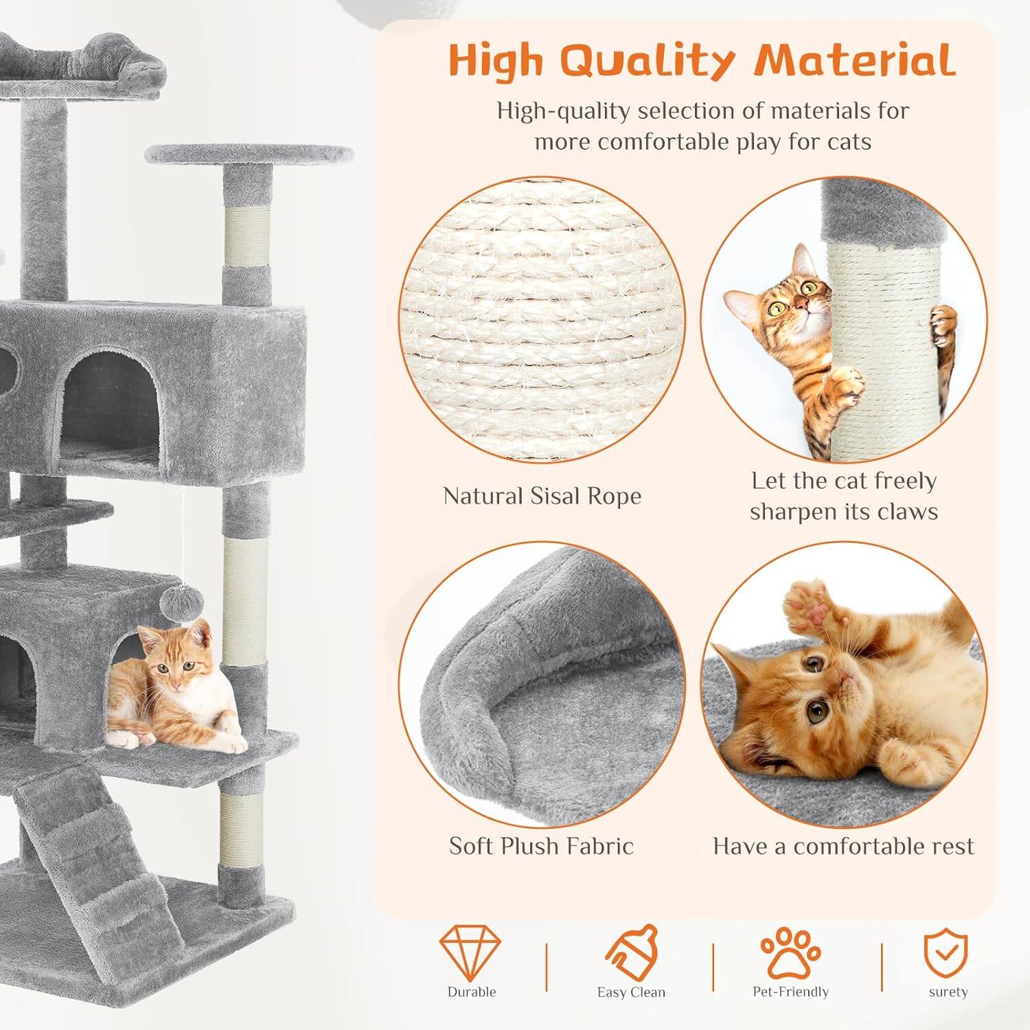 High Quality Material  
High-quality selection of materials for more comfortable play for cats  

Natural Sisal Rope  
Let the cat freely sharpen its claws  

Soft Plush Fabric  
Have a comfortable rest  

Durable  
Easy Clean  
Pet-Friendly  
Surety
