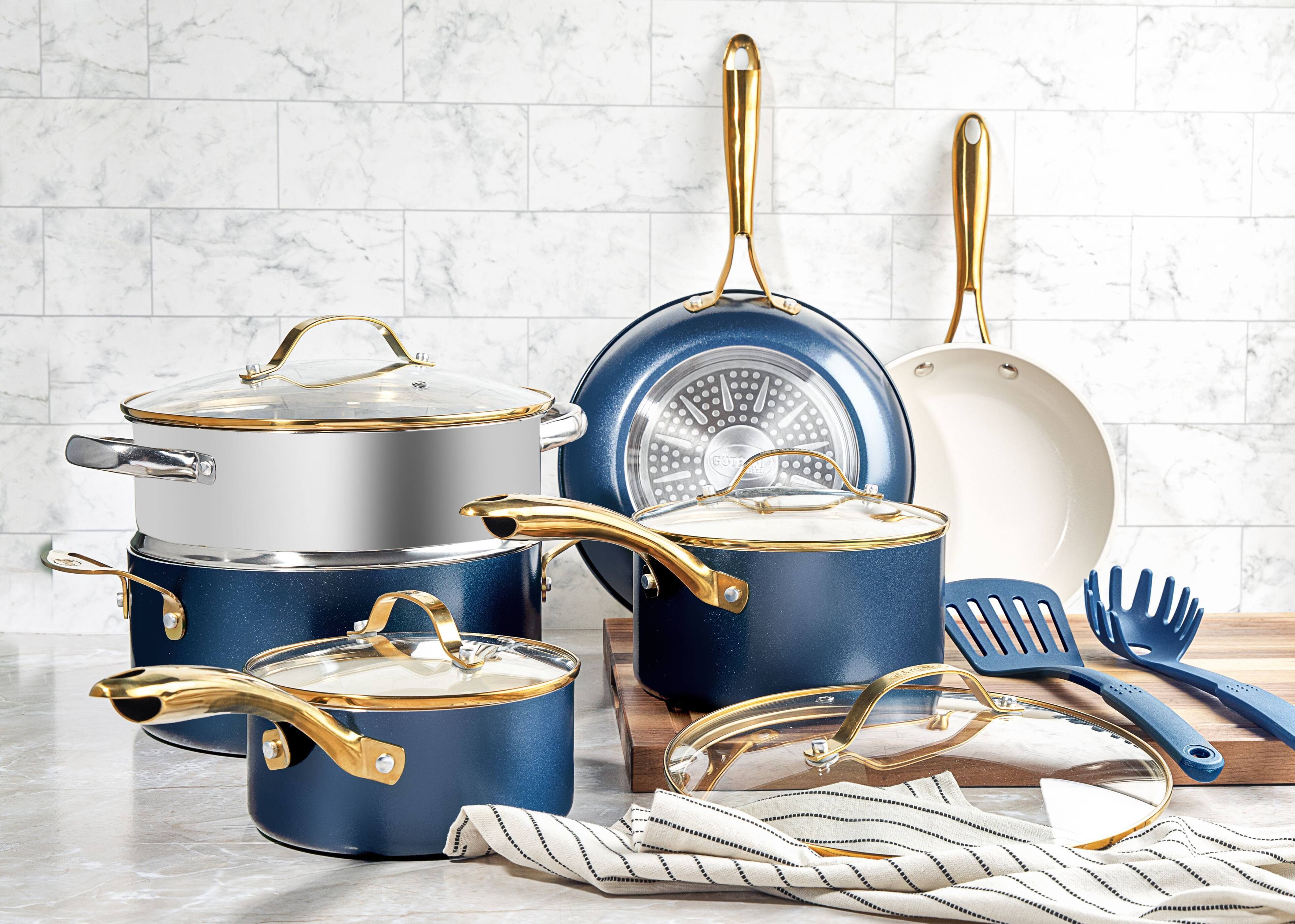 Angle. Gotham Steel - Gotham Steel Navy 15-Piece Ultra Nonstick Ceramic Cookware Set with Utensils - Navy.