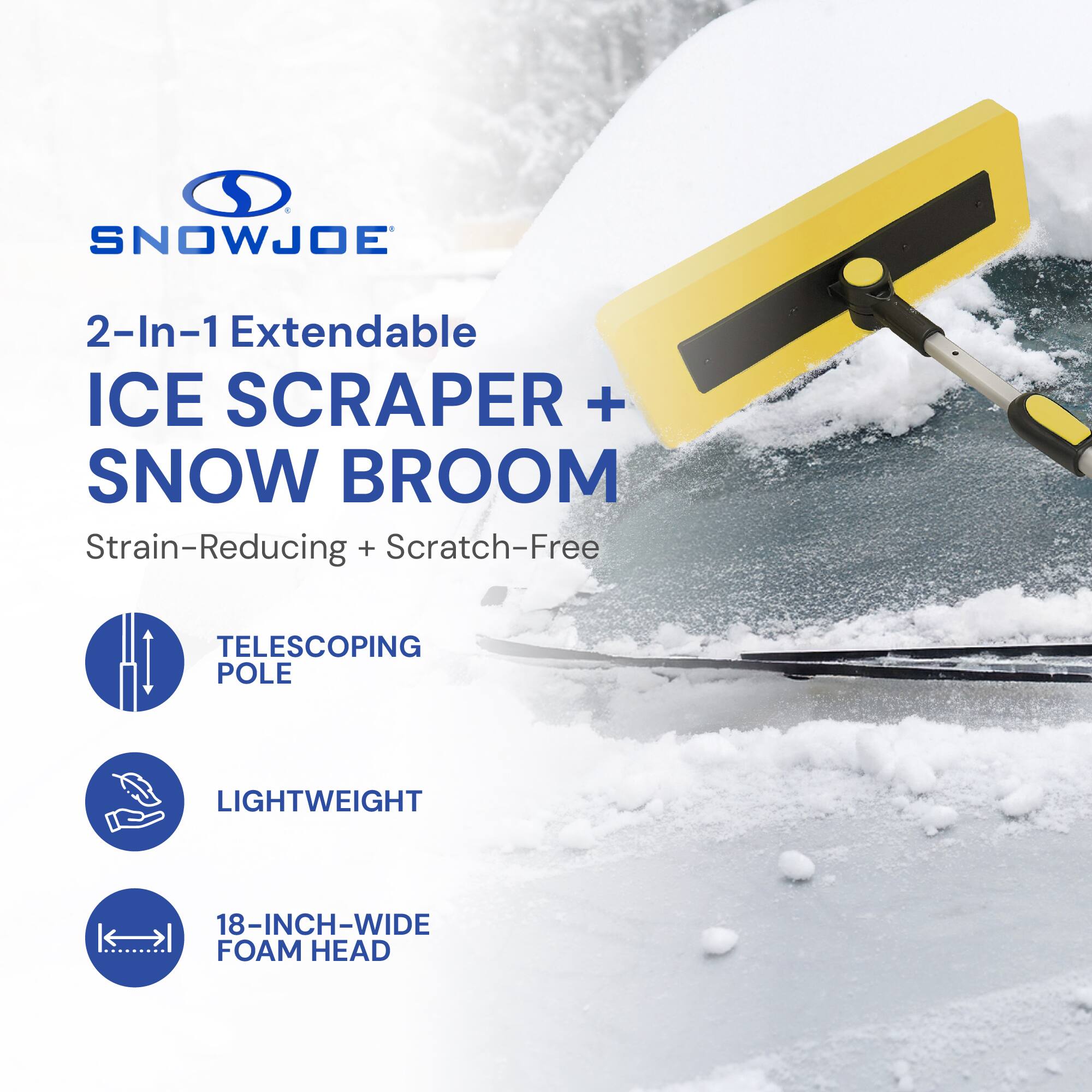 SNOWJOE 2-In-1 Extendable ICE SCRAPER + SNOW BROOM Strain-Reducing + Scratch-Free TELESCOPING POLE LIGHTWEIGHT 18-INCH-WIDE FOAM HEAD