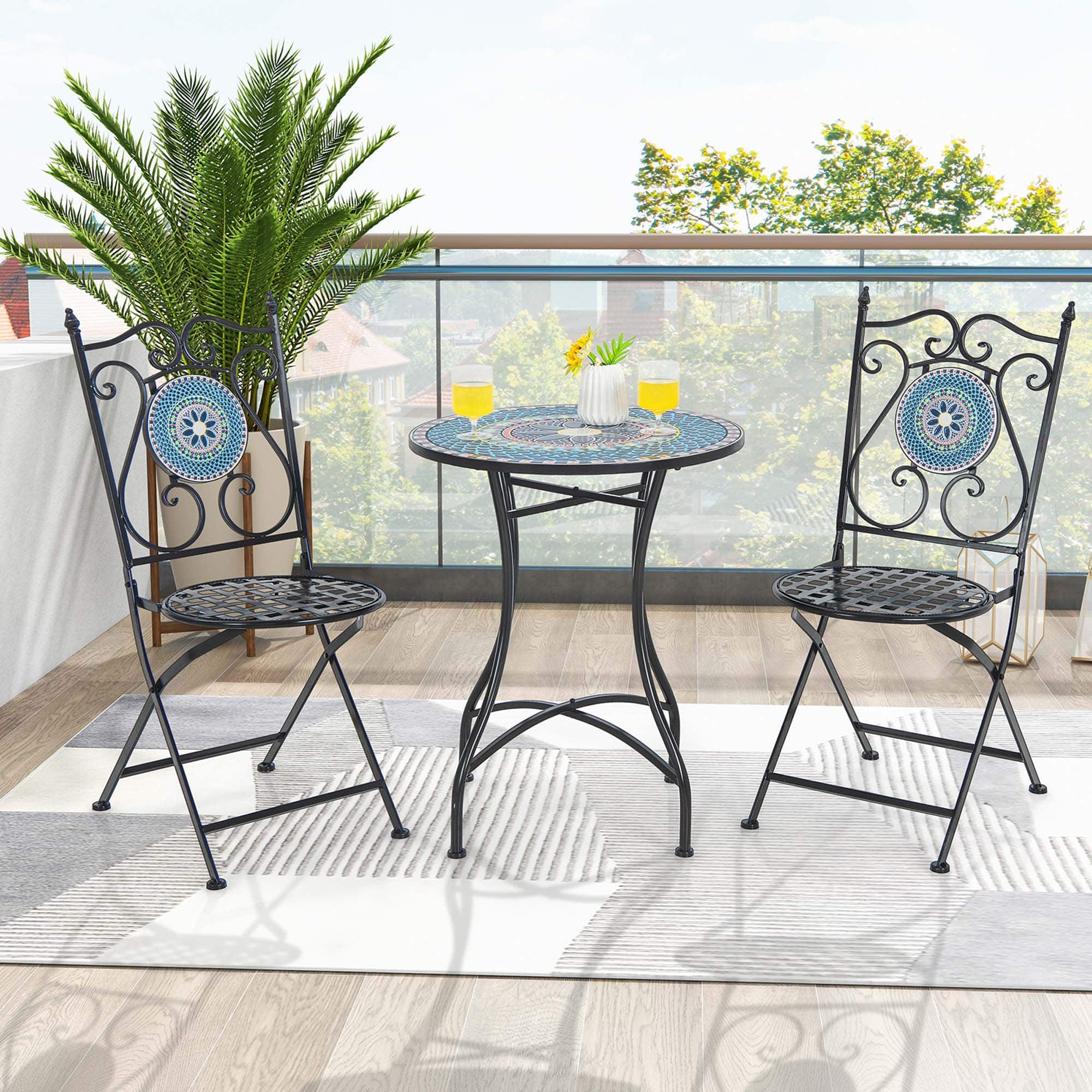 Back. Costway - Set of 2 Mosaic Chairs for Patio with Decorative Backrest Heavy-Duty Frame - Black.