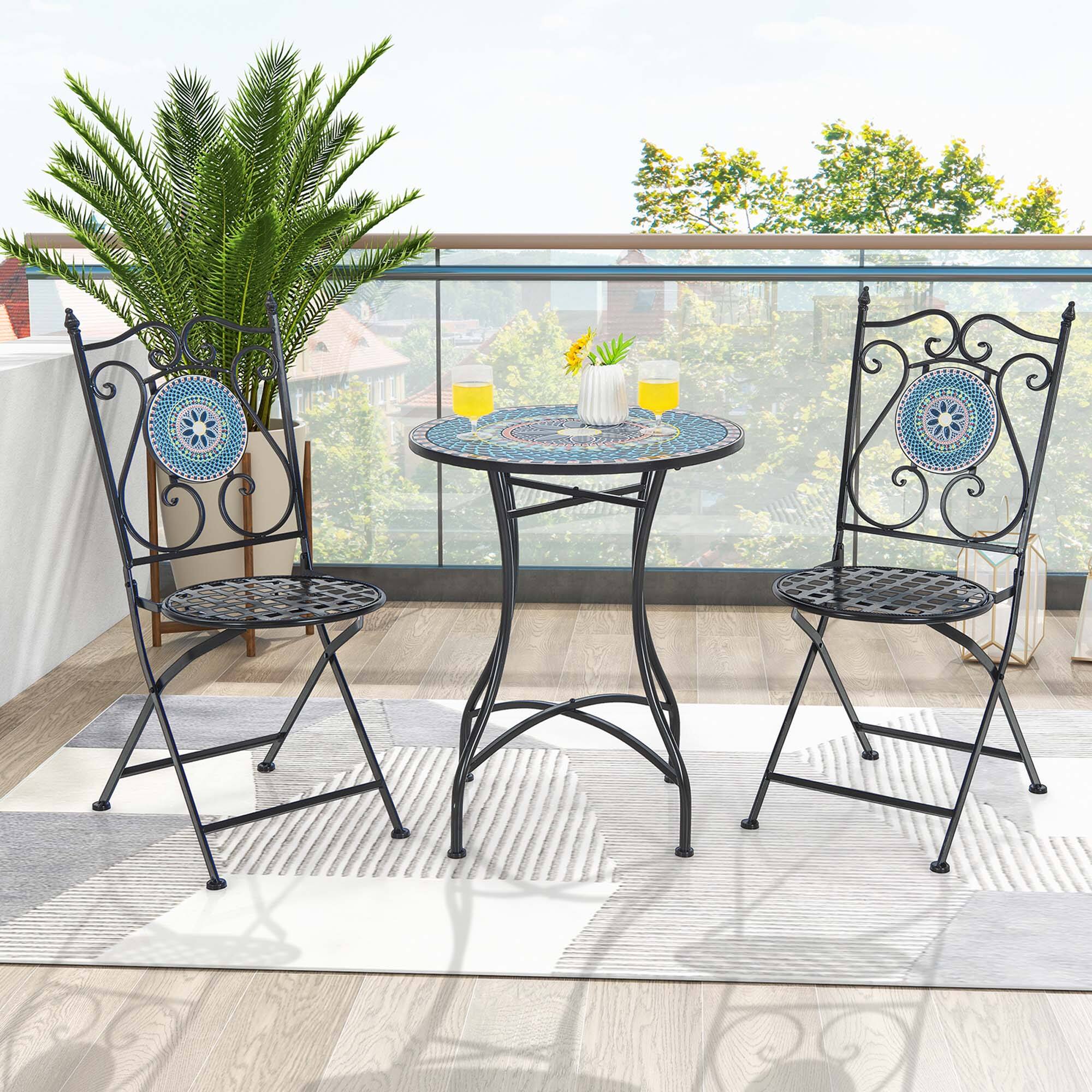 Back. Costway - Set of 2 Mosaic Chairs for Patio with Decorative Backrest Heavy-Duty Frame - Black.