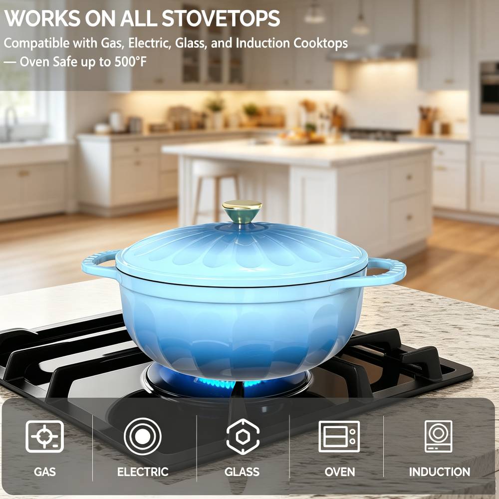 WORKS ON ALL STOVETOPS
Compatible with Gas, Electric, Glass, and Induction Cooktops
— Oven Safe up to 500°F

GAS
ELECTRIC
GLASS
OVEN
INDUCTION