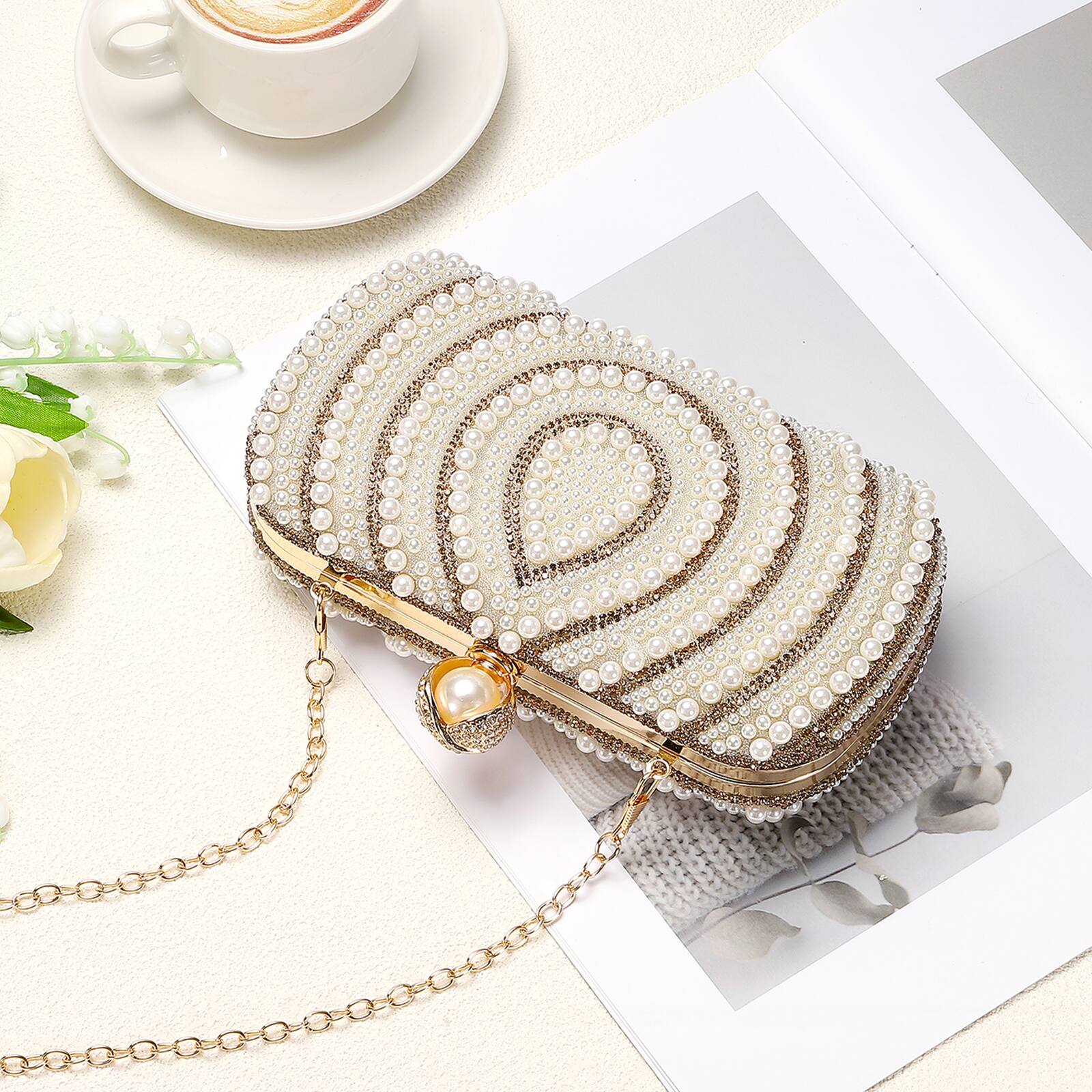 Alt View 5. Unique Bargains - Evening Clutch Purse for Women, Vintage Beads Buckle Clasp Handbag for Bridal Wedding 1920s Party Crossbody Bag - Champagne.