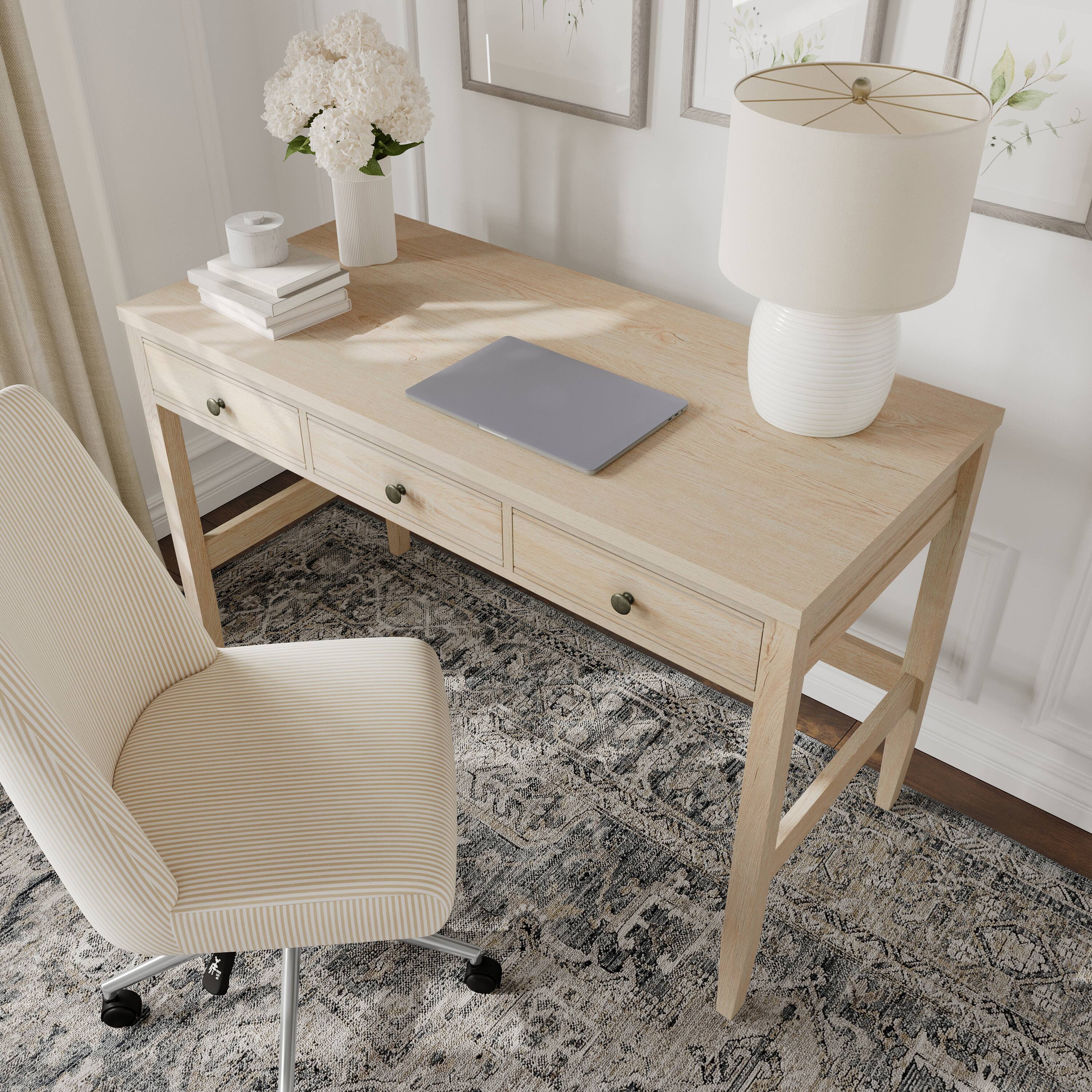 Alt View 1. Martha Stewart - Rhett Home Office Desk with 3 Drawers and Tapered Legs - Light Natural Frame/Antique Bronze Hardware.