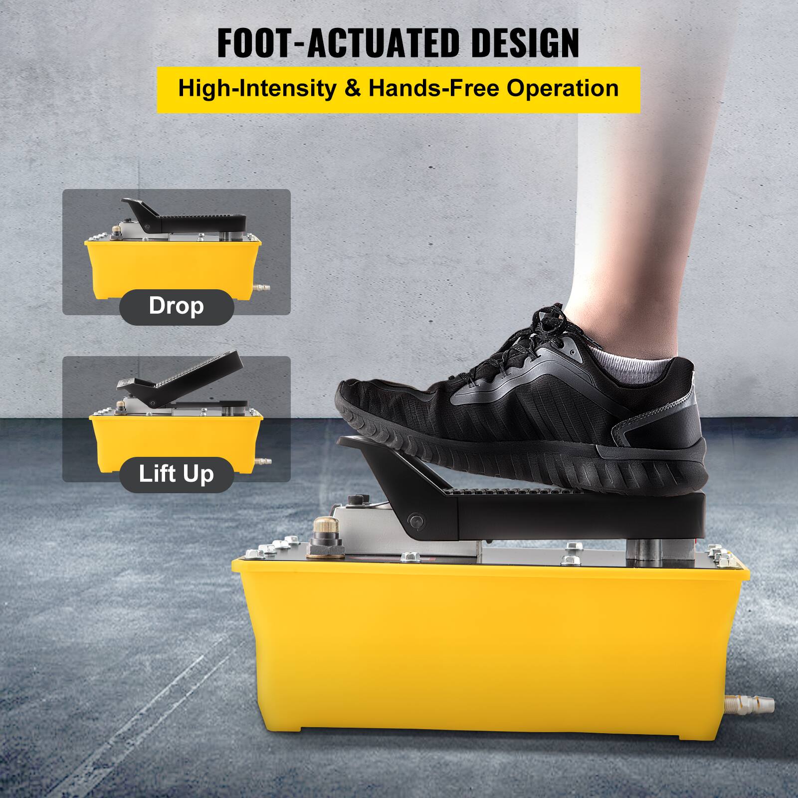 FOOT-ACTUATED DESIGN  
High-Intensity & Hands-Free Operation  

Drop  
Lift Up
