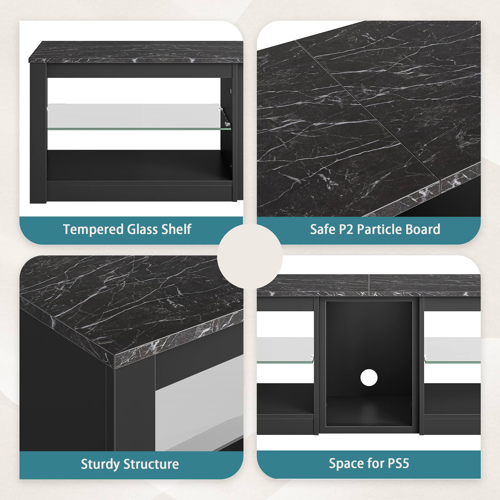 Tempered Glass Shelf: Safe P2 Particle Board: Sturdy Structure: Space for PS5