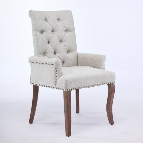 Angle. LUCKY ONE - Assembled Tufted Chenille Arm Dining Chair with Curved Solid Wood Legs Club Style Single - Beige.