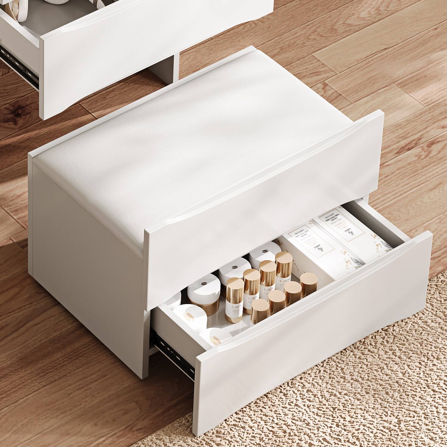 Alt View 1. Lirago - White Dresser Table Desk with LED Mirror Wood Dressing Table Storage Stool 15.35”D x 18.89”W x 62.99”H - White.