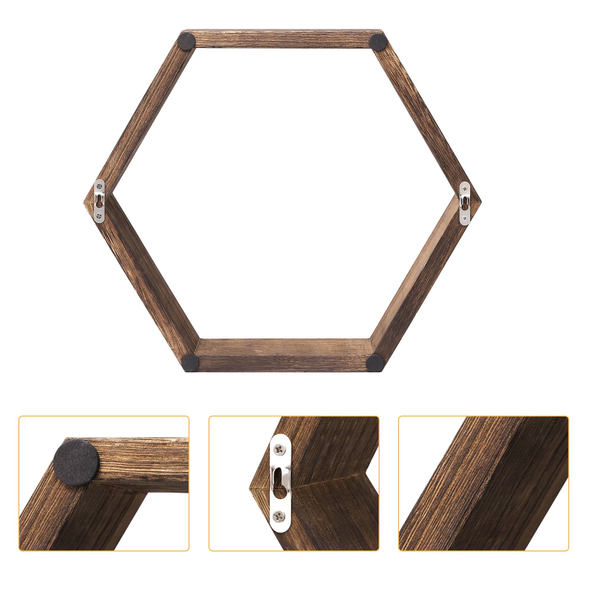Left. Oumilen - Set of 3 Burnt Wood Hexagonal Floating Wall Shelves - Brown.