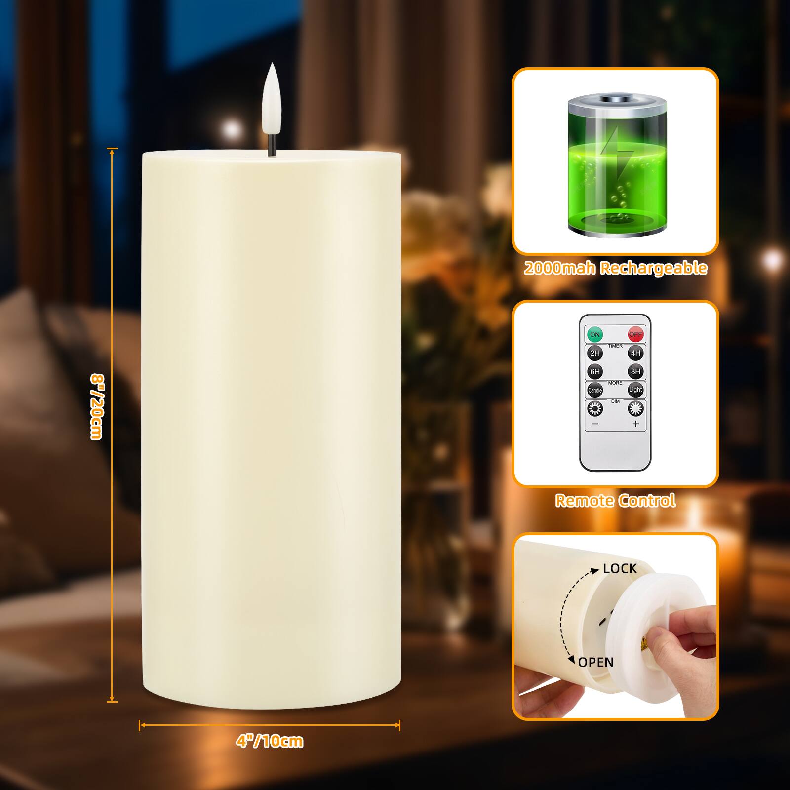 2000mah Rechargeable  
8"/20cm  
ON OFF TIMER 2H 4H  
LOG Carcie Light DM - +  
Remote Control  
LOCK  
OPEN  
47/10cm