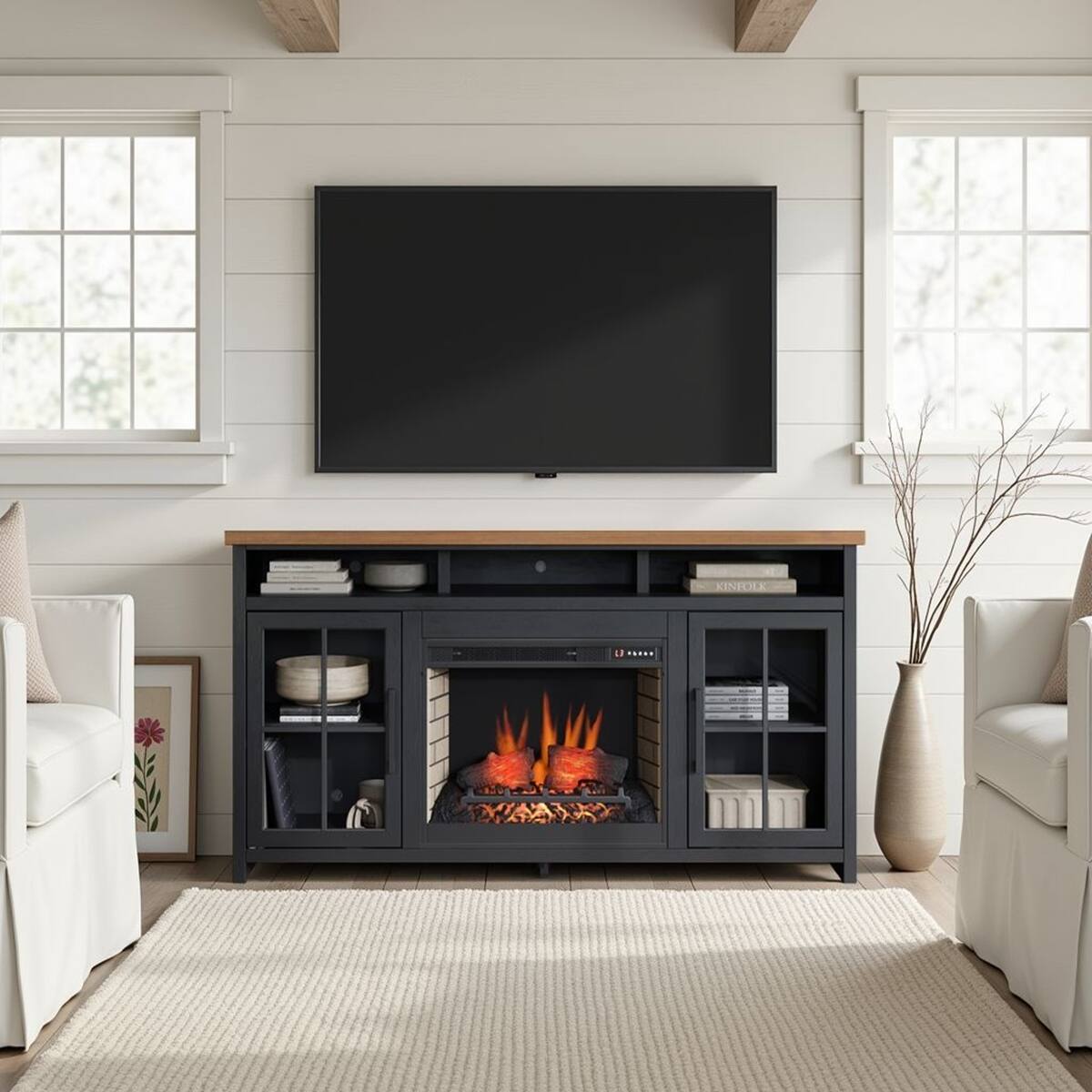 Left. Loheer - Loheer 74-Inch Farmhouse Fireplace TV Stand for 85 Inch TV with Glass Doors, Black - Black.