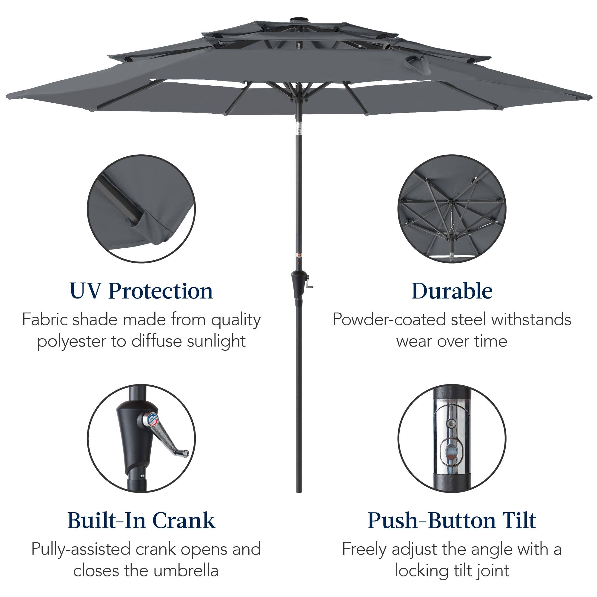 UV Protection: Fabric shade made from quality polyester to diffuse sunlight.

Durable: Powder-coated steel withstands wear over time.

Built-In Crank: Pulley-assisted crank opens and closes the umbrella.

Push-Button Tilt: Freely adjust the angle with a locking tilt joint.