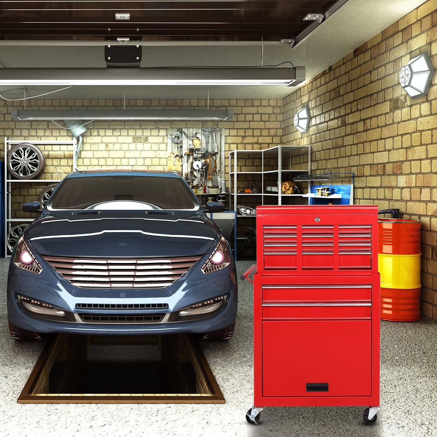 Alt View 5. Winado - 8-Drawer Lockable Rolling Tool Chest Tool Storage Cabinet with Drawer Liner, Wheels, Detachable Top for Garage, Workshop - Red.