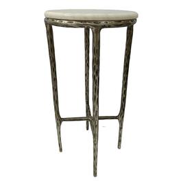 Manhattan Lane - Minza Accent Side End Table, Modern White Marble Round Top, Hand Forged, Hammered Antique Nickel Finish, 24 Inch - Silver, White