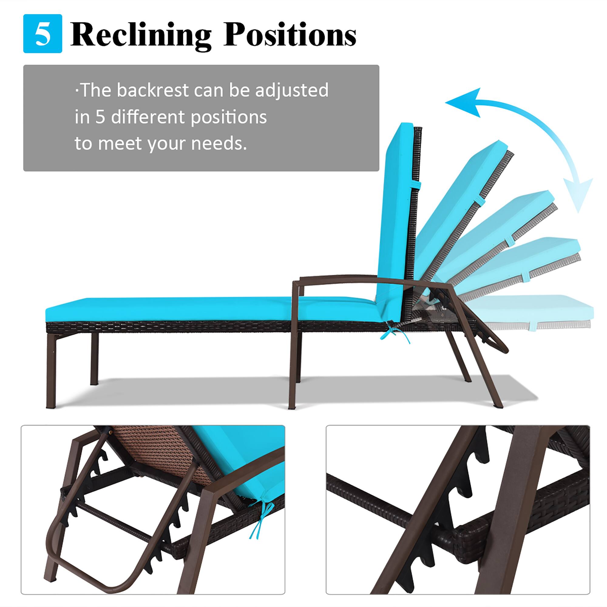 The backrest can be adjusted in 5 different positions to meet your needs.