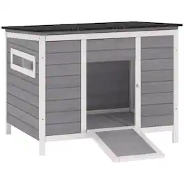 Pawhut - Coop, Wooden Duck House Rabbit Hutch with Openable Roof, Removable Base, Elevated Legs, Ramp - Gray