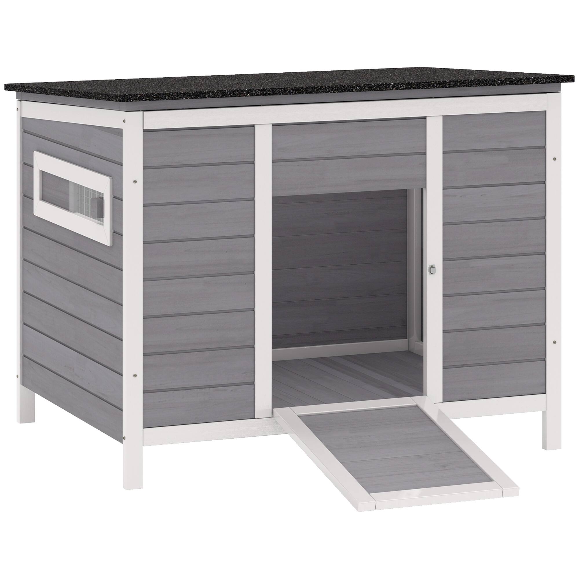 Front. Pawhut - Coop, Wooden Duck House Rabbit Hutch with Openable Roof, Removable Base, Elevated Legs, Ramp - Gray.