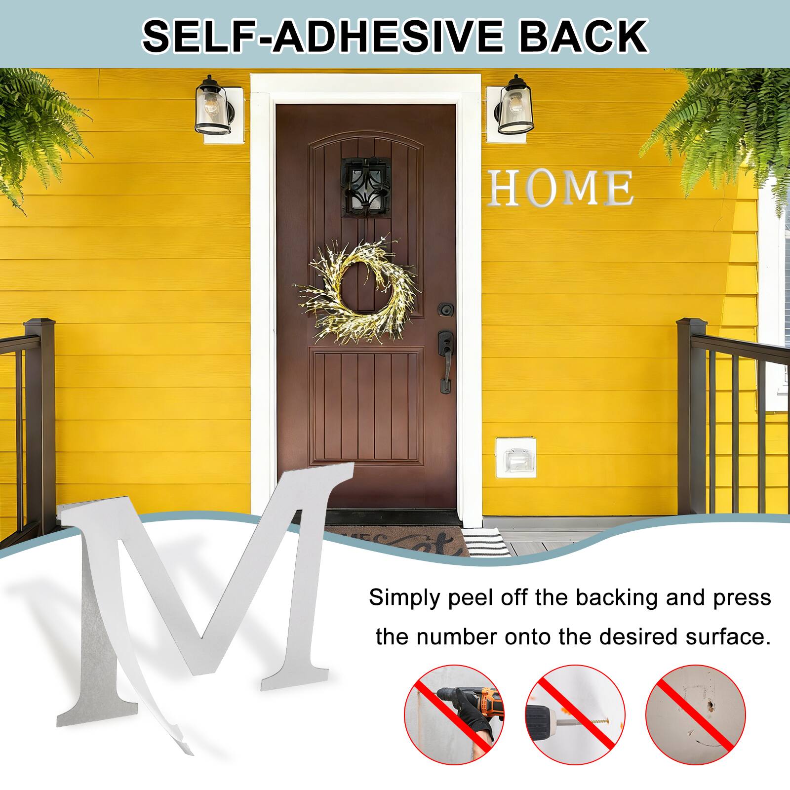 SELF-ADHESIVE BACK HOME

Simply peel off the backing and press the number onto the desired surface.