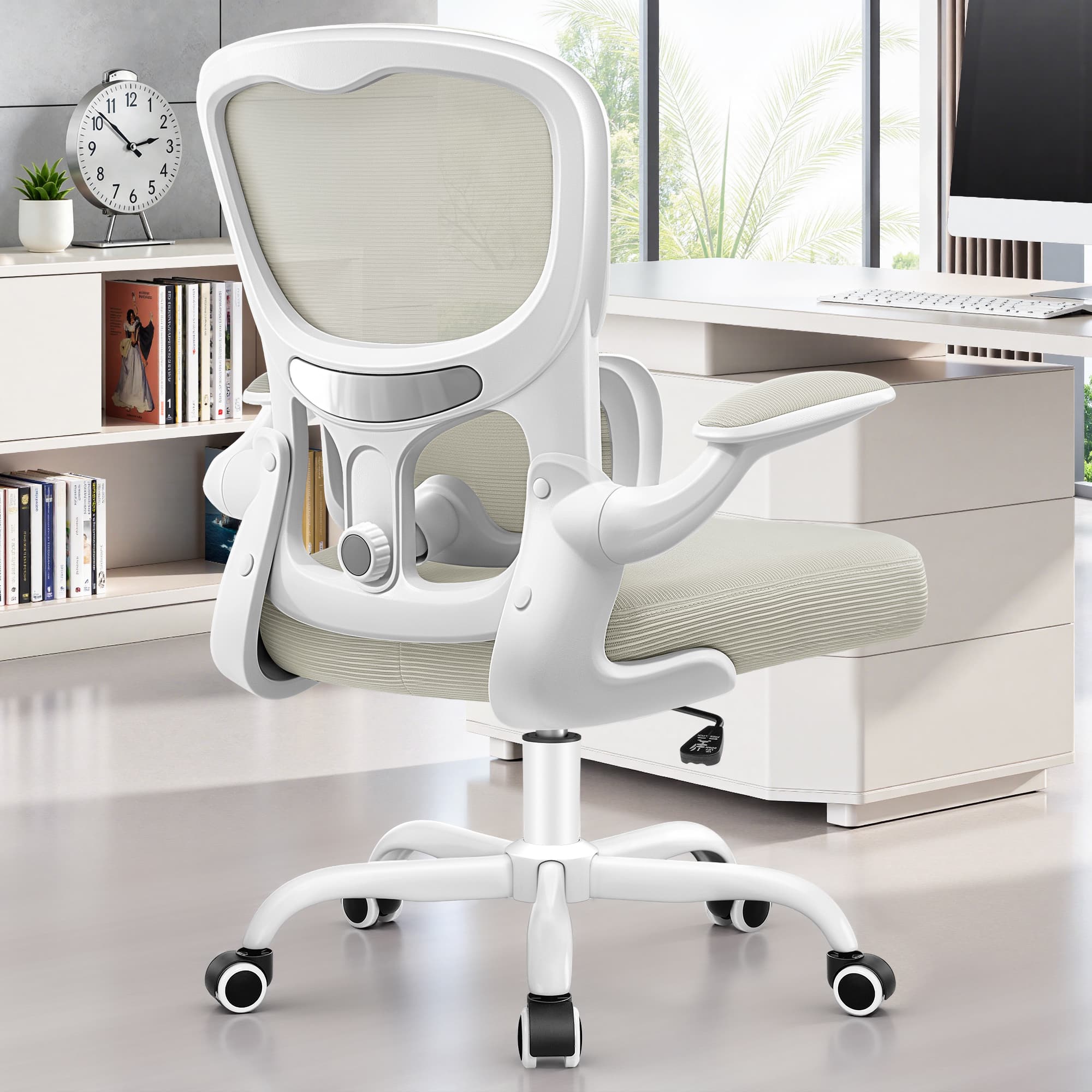 Brick Attic - 300 lbs Ergonomic Office Chair, Mesh Desk Chair with Adjustable Headrest and Lumbar Support, Flip-up Arms - White