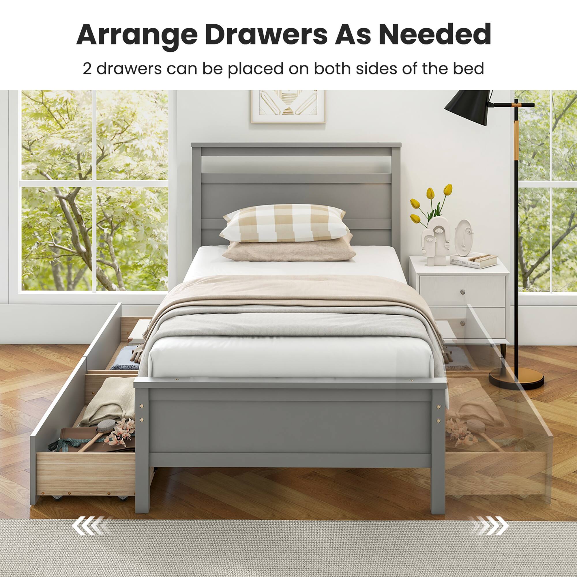 Arrange Drawers As Needed  
2 drawers can be placed on both sides of the bed
