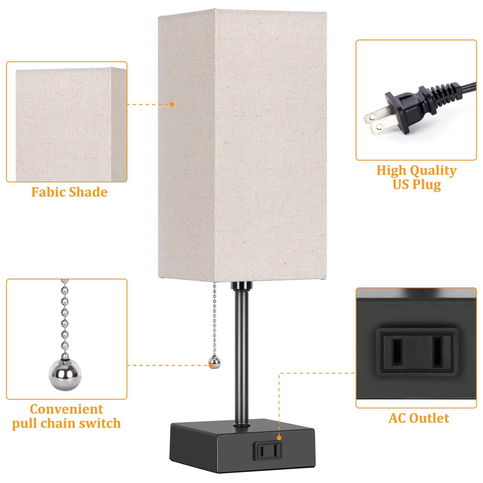 - Fabric Shade
- High Quality US Plug
- Convenient pull chain switch
- AC Outlet
