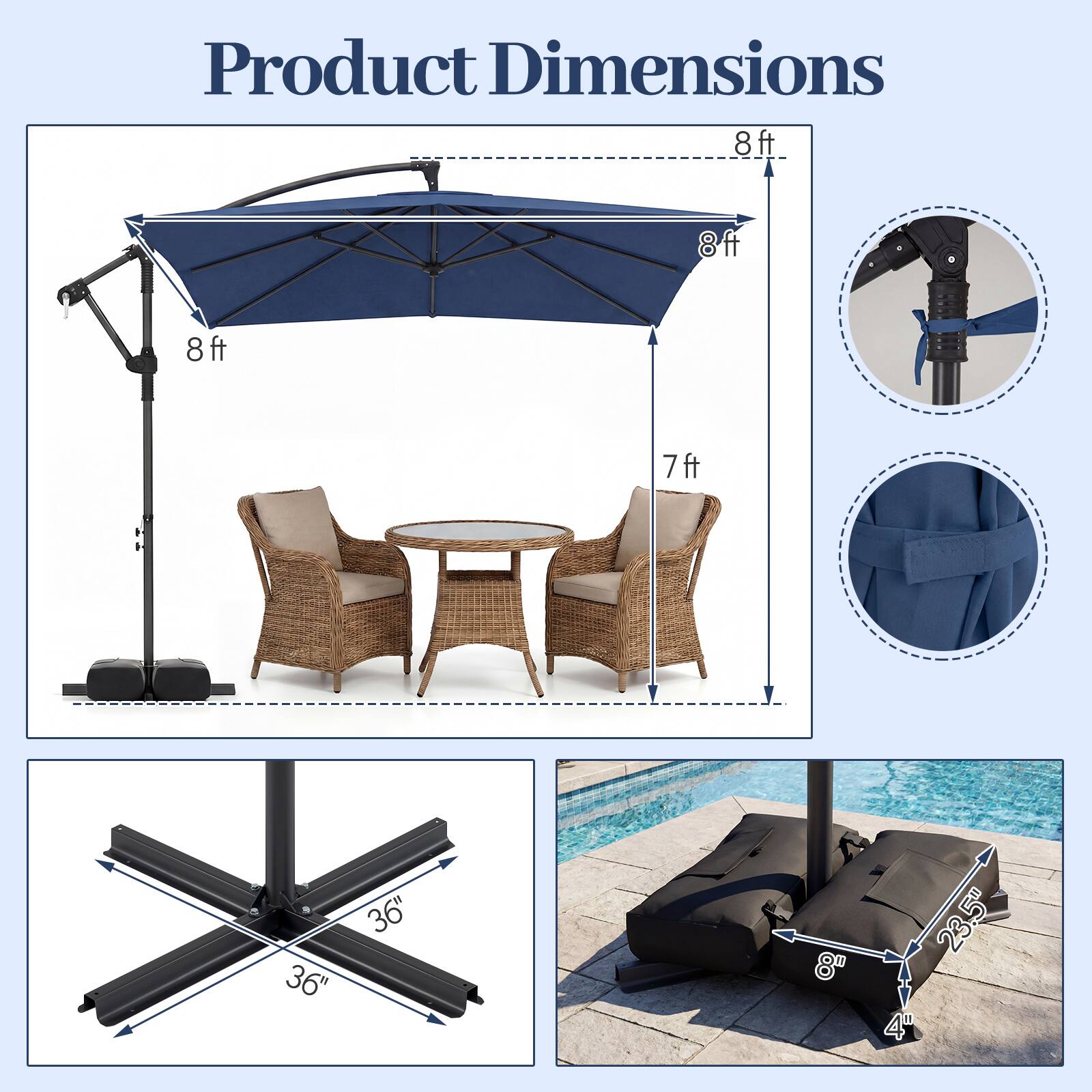 Product Dimensions: 8ft, 8ft, 8ft, 7ft, 36", 36", 8", 23.5", 4"