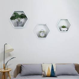 Oumilen - Set of 3 White Distressed Hexagonal Floating Shelves - Blue