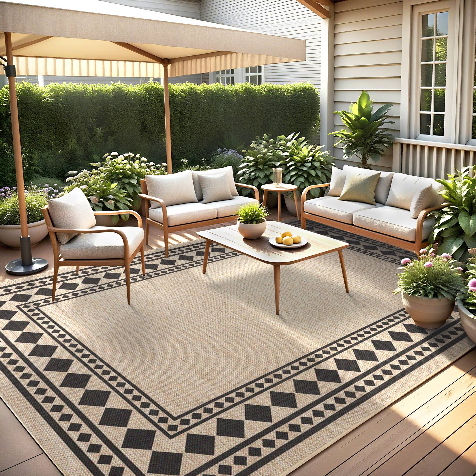 Back. Jojoka - Modern Geometric Border Area Rug Minimalist Machine Washable Non Slip Ultra Thin Low Pile Carpet for High Traffic Areas - Camel Black.