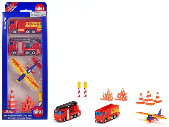 **Siku Super**
**WARNING: CHOKING HAZARD**
Small parts. Not for children under 3 years.
**RESCUE**
**FIREFIGHTERS SAVE LIVES**
**RESCUE TEAM**
**METAL + PLASTIC PARTS**
**6330 Geschenkset Gift set Coffret cadeau Feuerwehr Fire brigade Pompiers**
**Siku**