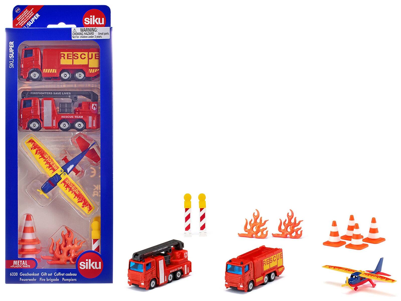 **Siku Super**

**WARNING: CHOKING HAZARD**  
Small parts. Not for children under 3 years.

**RESCUE**

**FIREFIGHTERS SAVE LIVES**  
**RESCUE TEAM**

**METAL + PLASTIC PARTS**

**6330 Geschenkset Gift set Coffret cadeau Feuerwehr Fire brigade Pompiers**

**Siku**
