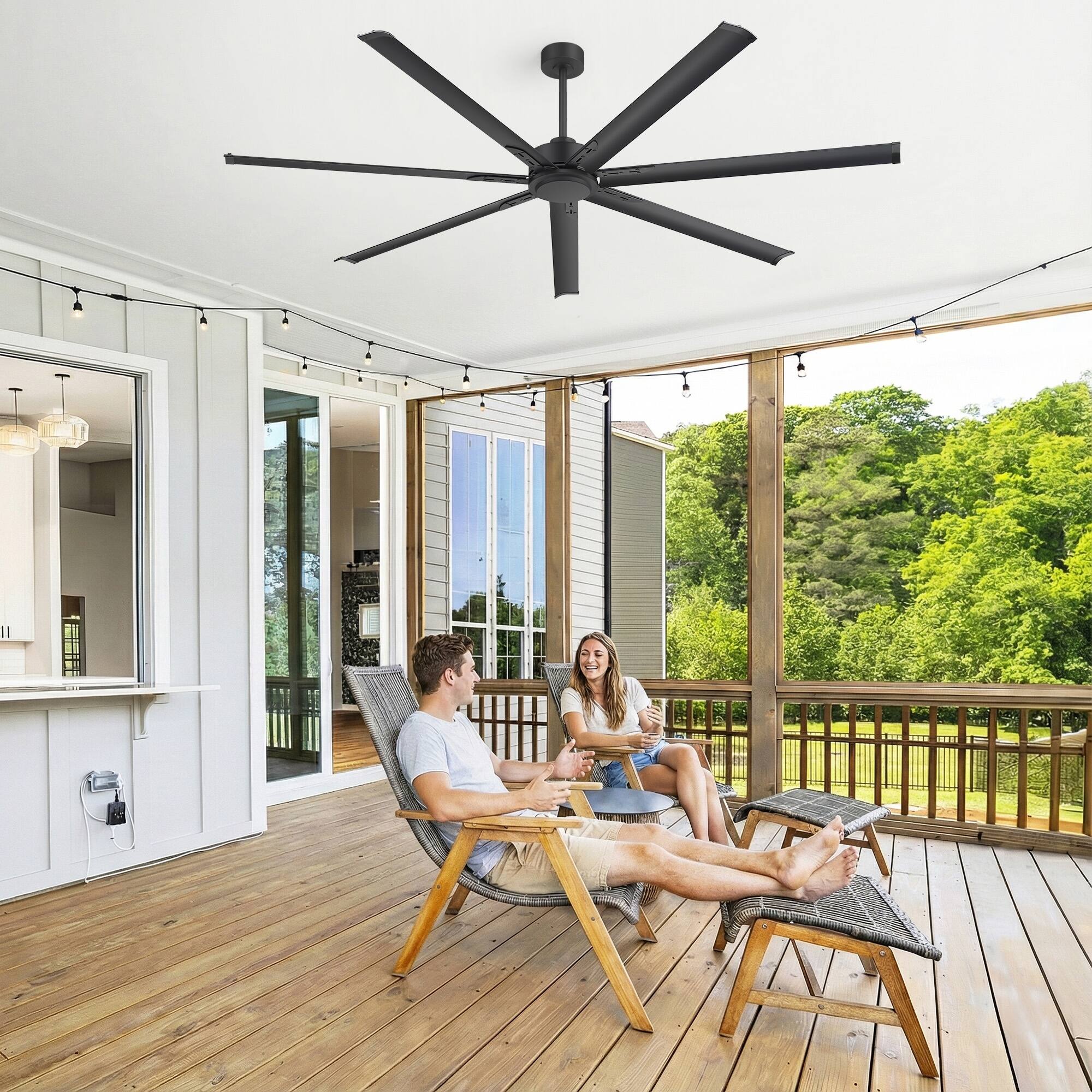 Back. Breezary - 84-Inch Large Quiet Industrial Ceiling Fan with DC Motor, 7 Aluminum Blades, Remote Control, Downrod Mount, 6 Speeds - Black.