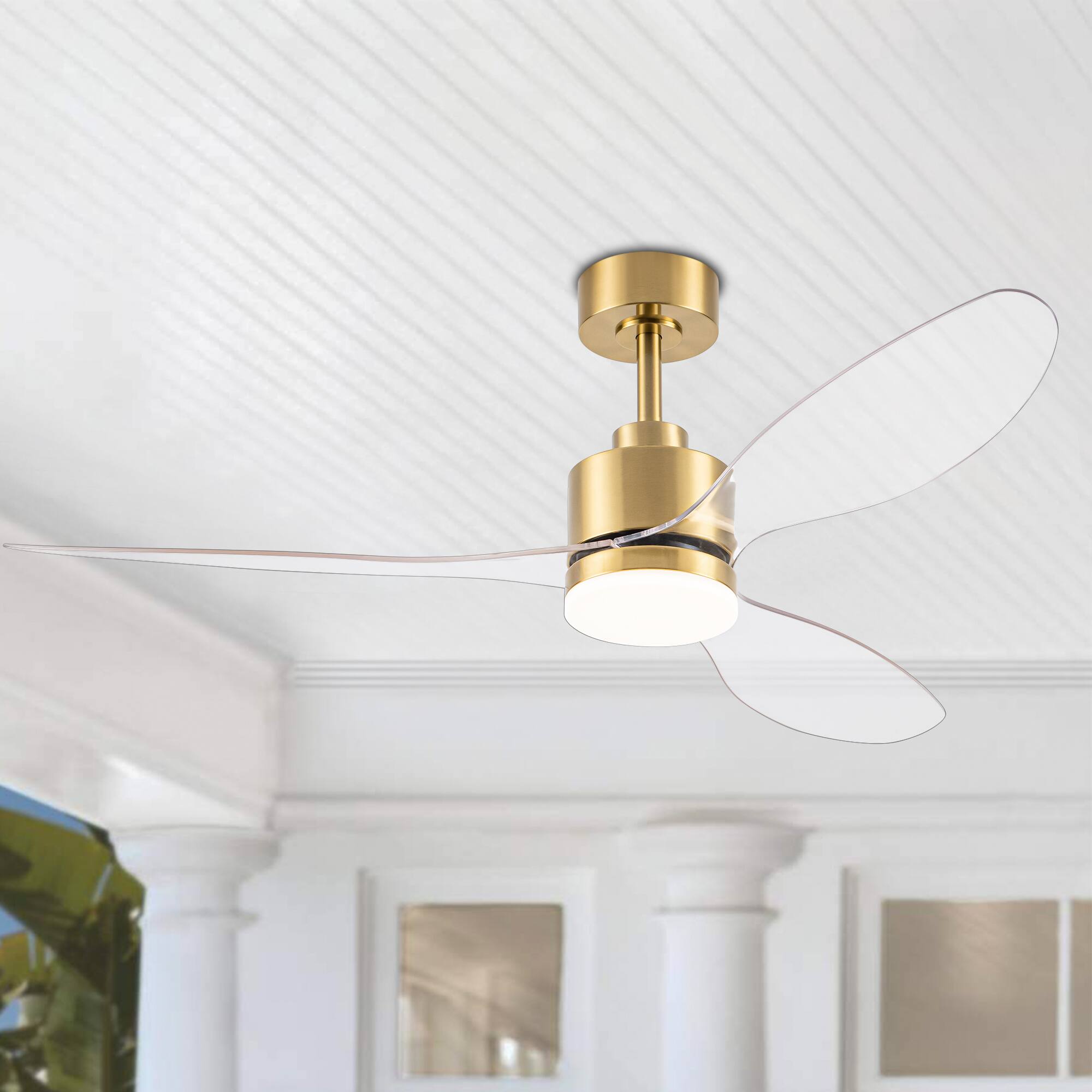 Alt View 4. Breezary - 52" Indoor Ceiling Fan, 3 ABS Blades, 6-Speed DC Motor, Remote Control, Memory/Timer, 3-Color LED Light, 5"/10" Downrods - Gold with Clear.