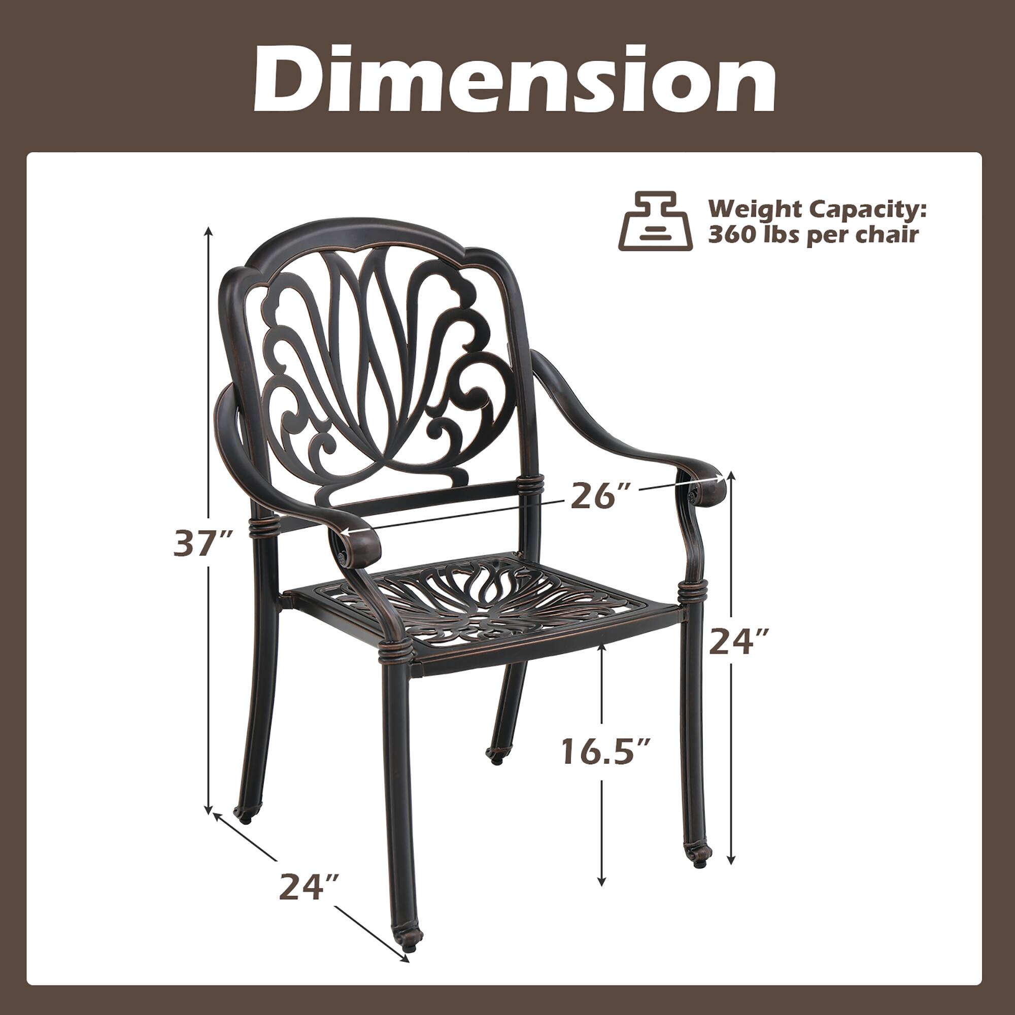 Dimension  
Weight Capacity: 360 lbs per chair  
37"  
26"  
24"  
16.5"  
24"