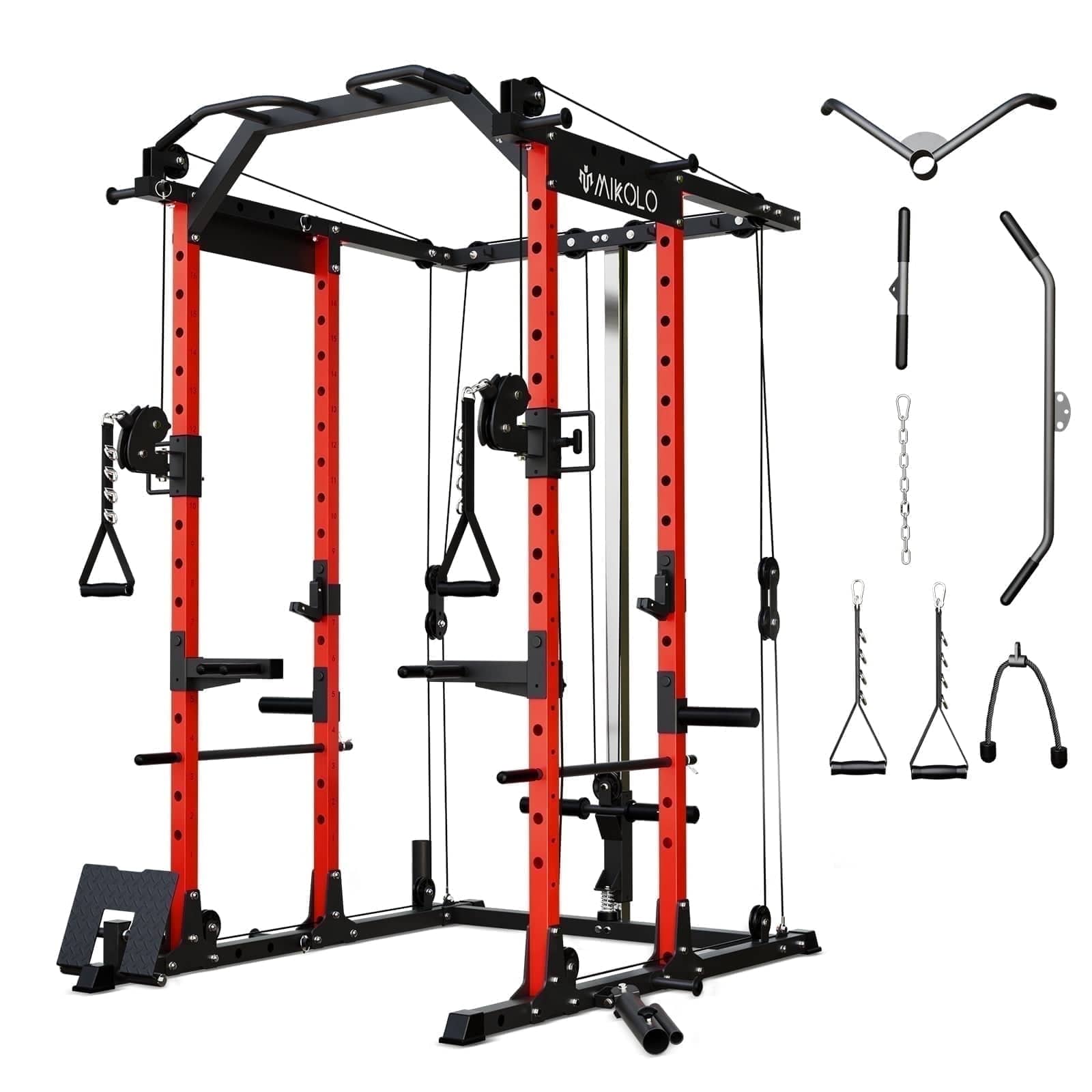 Front. Mikolo - Mikolo Power Rack Cage, 1500 lbs Weight Rack with Cable Crossover Machine, Multi-Function Squat Rack - Red.
