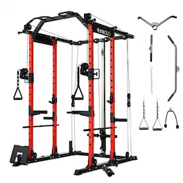 Mikolo - Power Rack Cage, 1500 lbs Weight Rack with Cable Crossover Machine, Multi-Function Squat Rack - Red