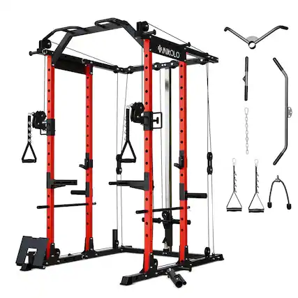 Front. Mikolo - Mikolo Power Rack Cage, 1500 lbs Weight Rack with Cable Crossover Machine, Multi-Function Squat Rack - Red.