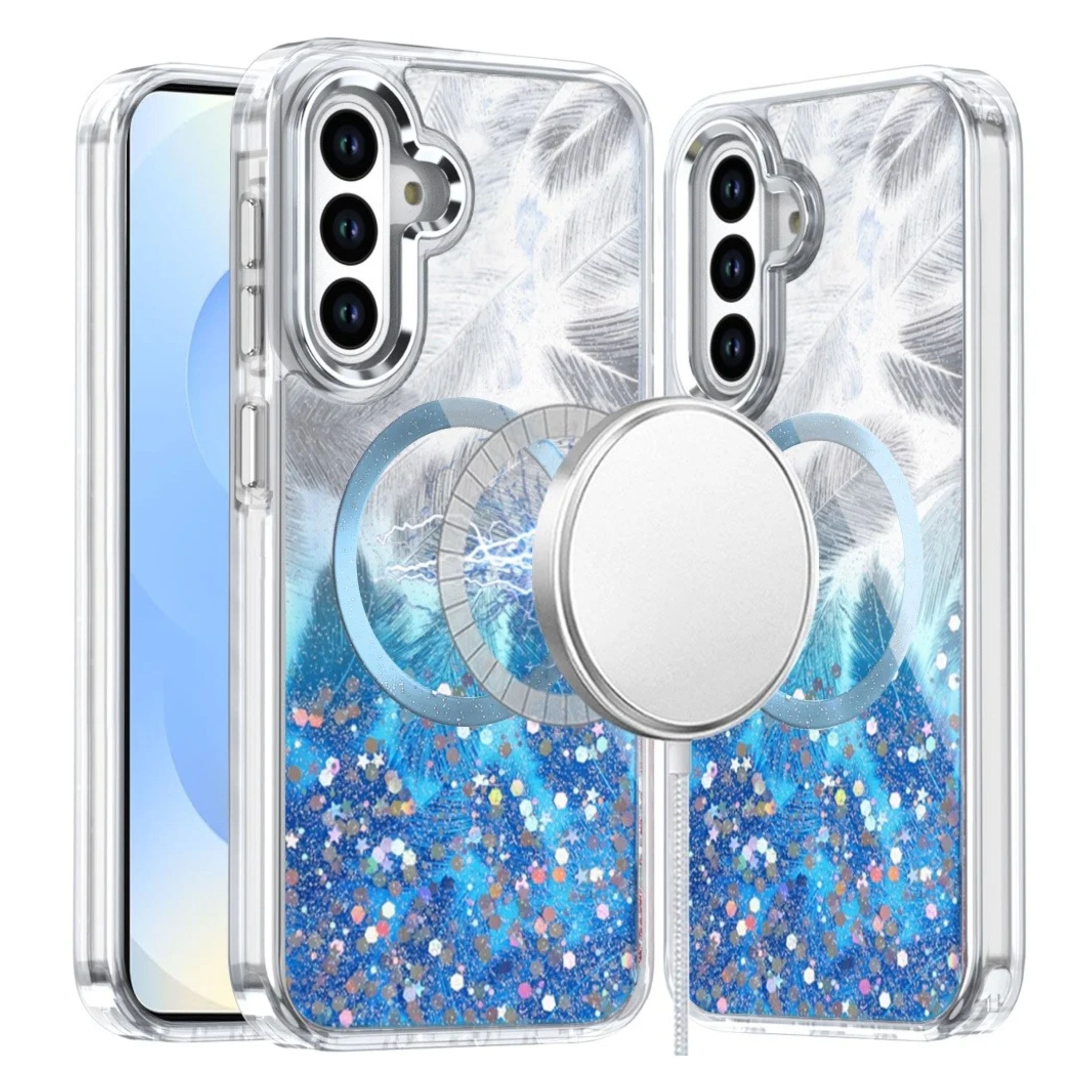 Kitcheniva - Feathers Epoxy Glitter Design Magnetic Circle Phone Case With Tempered Glass For Samsung Galaxy S25/S24 - Dark Blue price history on PriceWatchPro