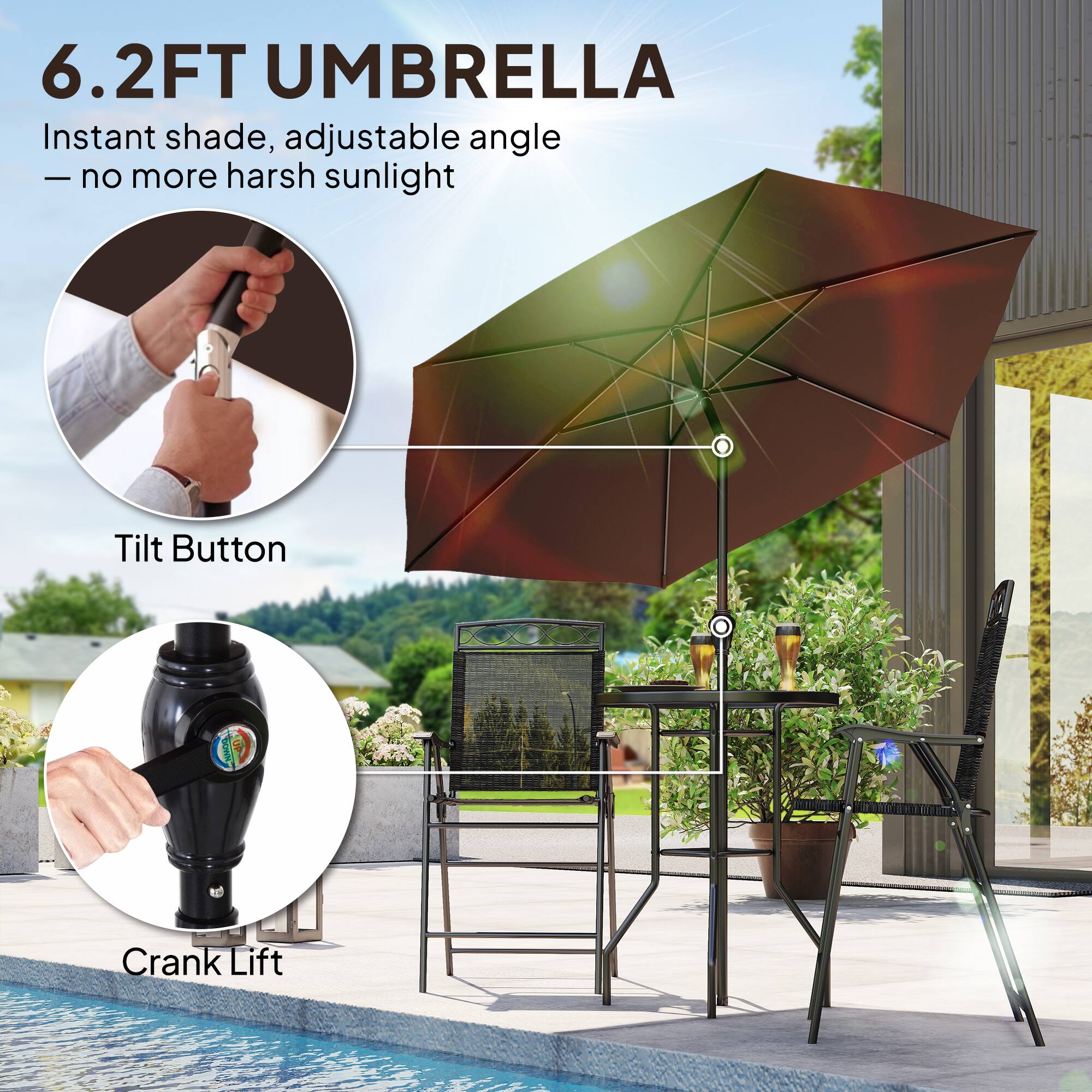 6.2FT UMBRELLA  
Instant shade, adjustable angle — no more harsh sunlight  

Tilt Button  
Crank Lift
