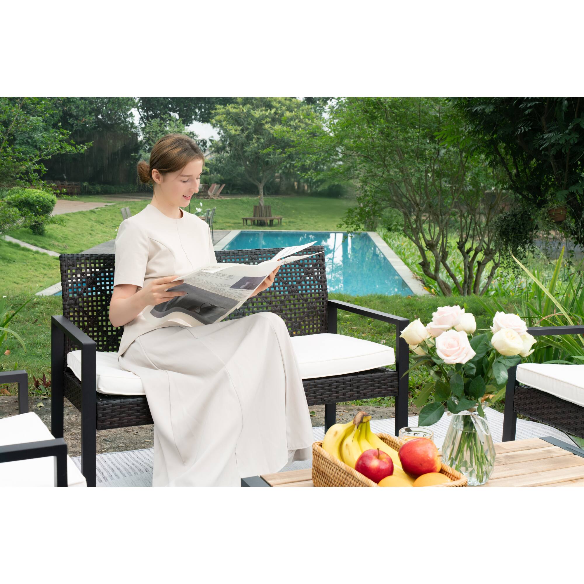 Alt View 8. Siljoy - 4-Piece Patio Set, Acacia Wood Tabletop, Brown & Beige Cushions - Brown.