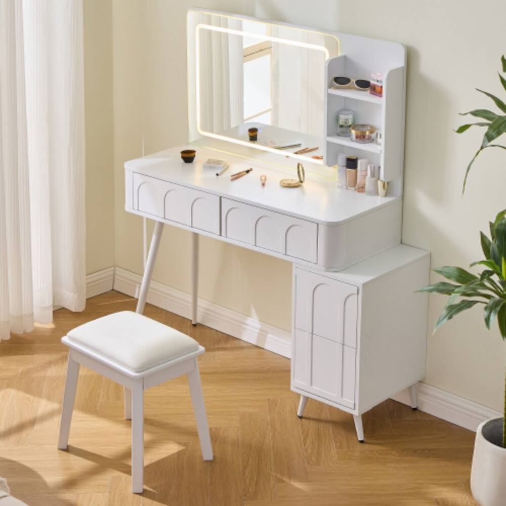 Alt View 4. LUCKY ONE - Modern Vanity Desk with 3-Color LED Mirror, 4 Drawers, Adjustable Side Cabinet and Stool for Bedroom - White.